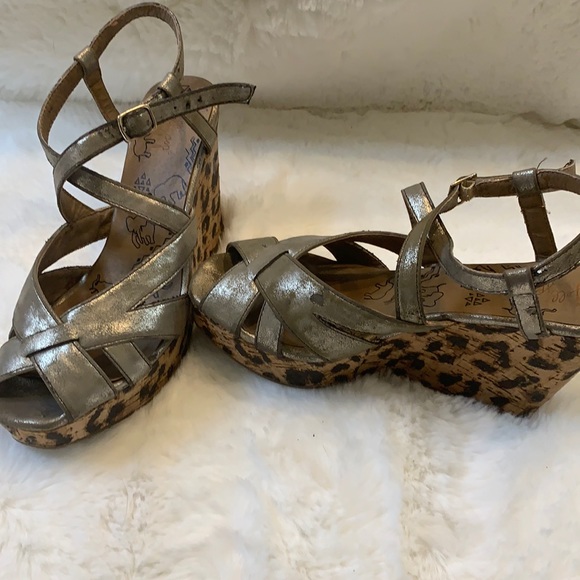 Silver open toe platform w leopard print wedge 9 - Picture 1 of 4